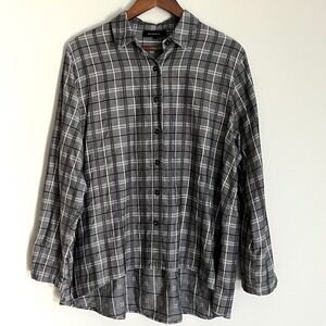 Blanque Womens Plaid Button Down Shirt Grey High Low Tencel Cotton Size 2 (L/XL)